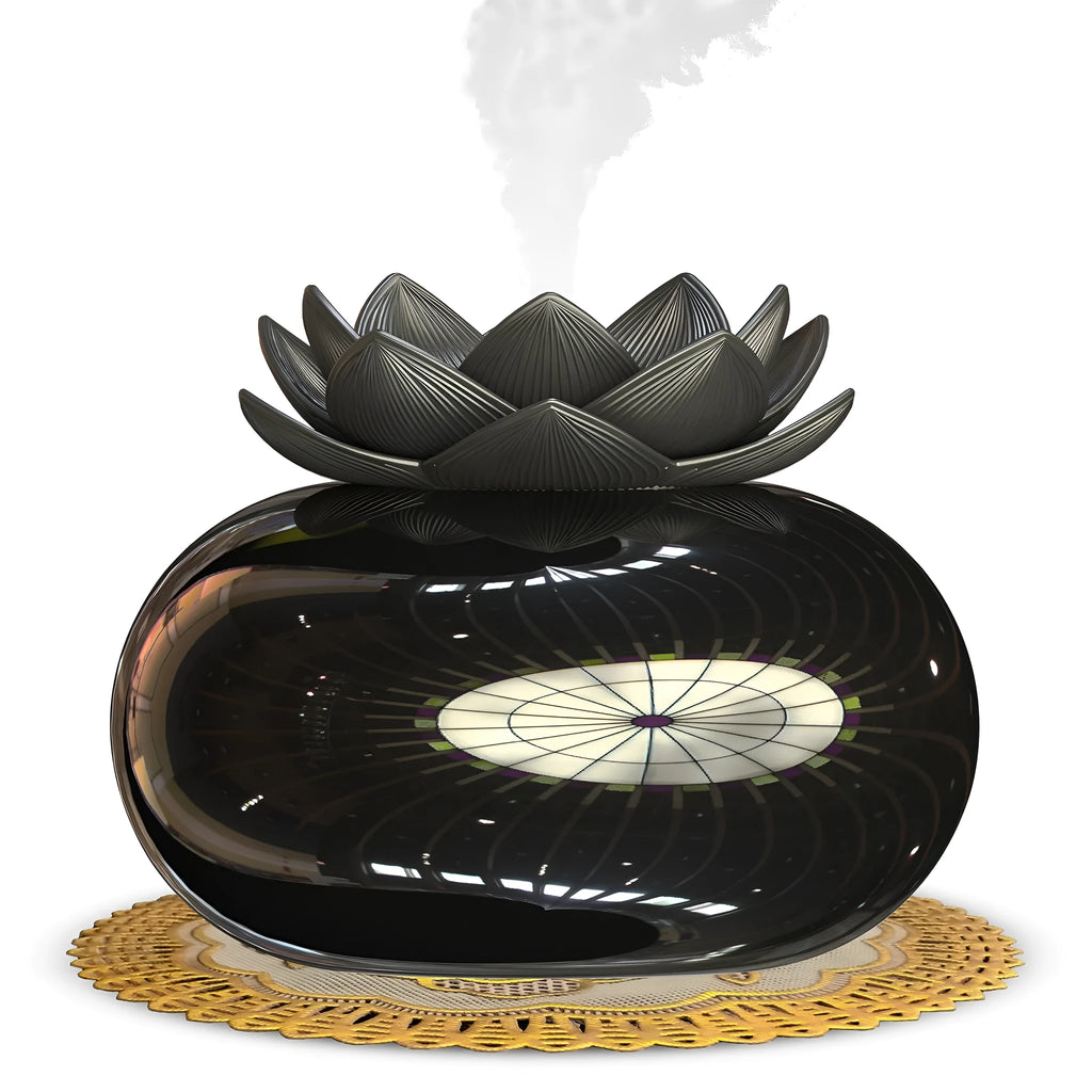 Pure black Lotus ultrasonic aromatherapy humidifier with round shape and USB cable.