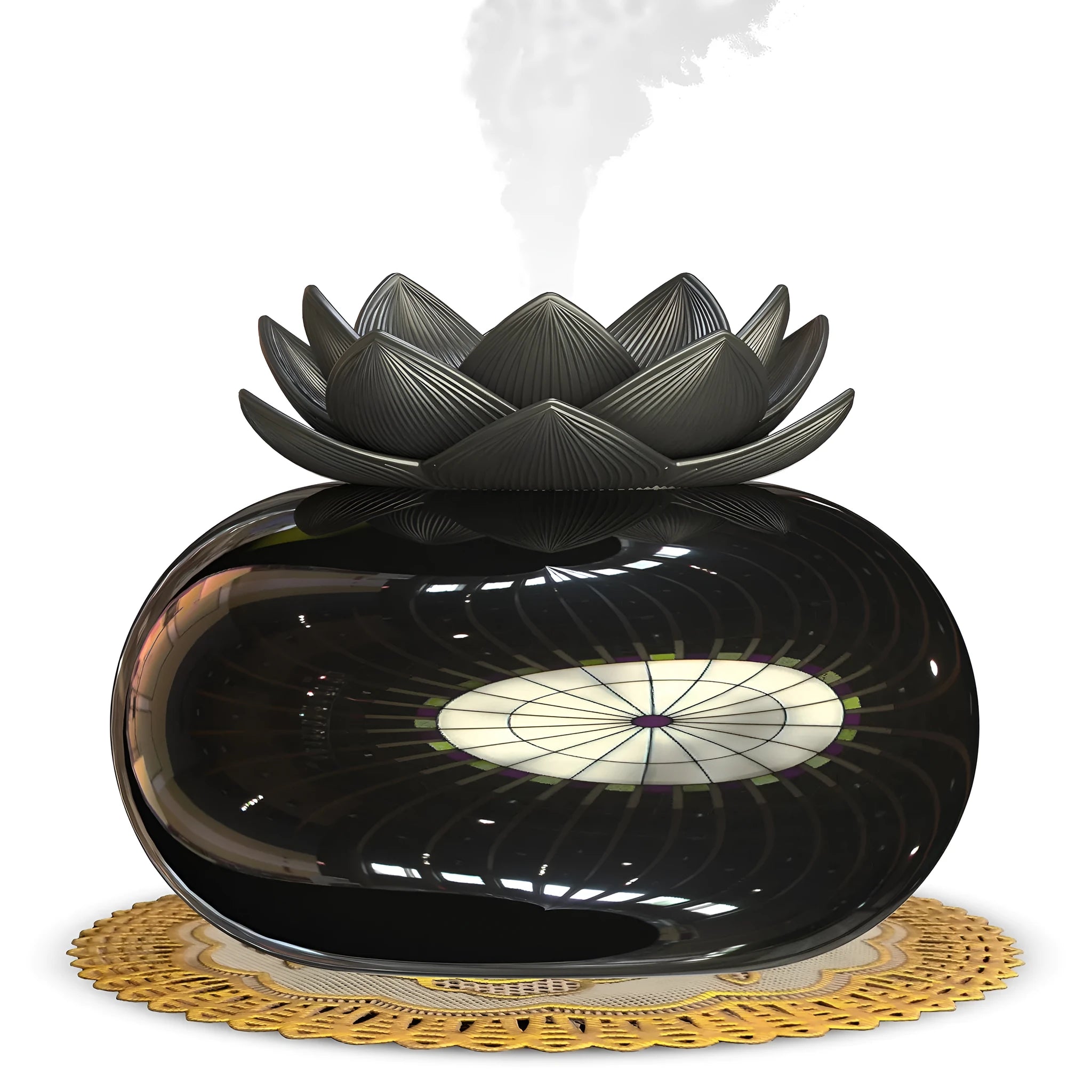 Pure black Lotus ultrasonic aromatherapy humidifier with round shape and USB cable.