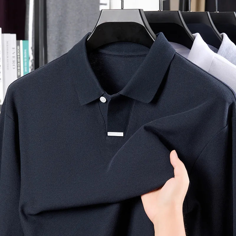 Men's gray cotton polo shirt with asymmetric lapel design and long sleeves