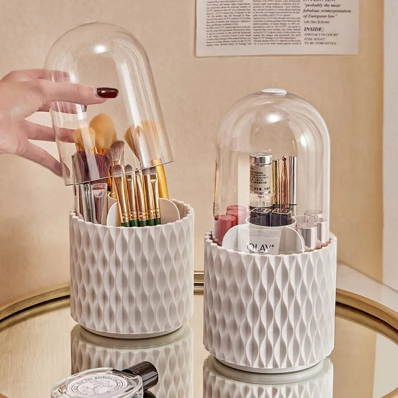 White rotating acrylic makeup brush storage box with transparent walls and dustproof lid