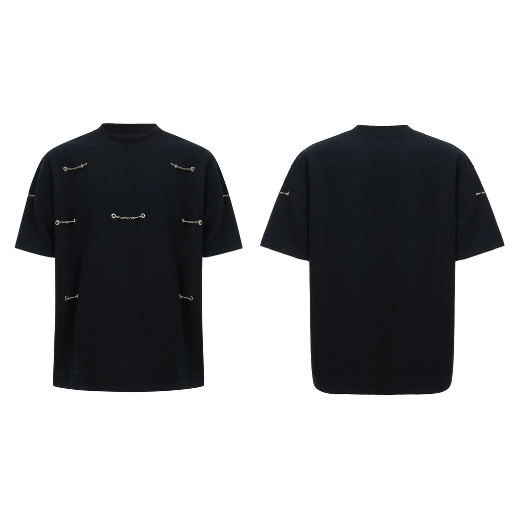 Black men's t-shirt with metal chain detail on front and padded shoulders, short sleeves, round neck, heavy cotton blend fabric
