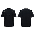 Black men's t-shirt with metal chain detail on front and padded shoulders, short sleeves, round neck, heavy cotton blend fabric