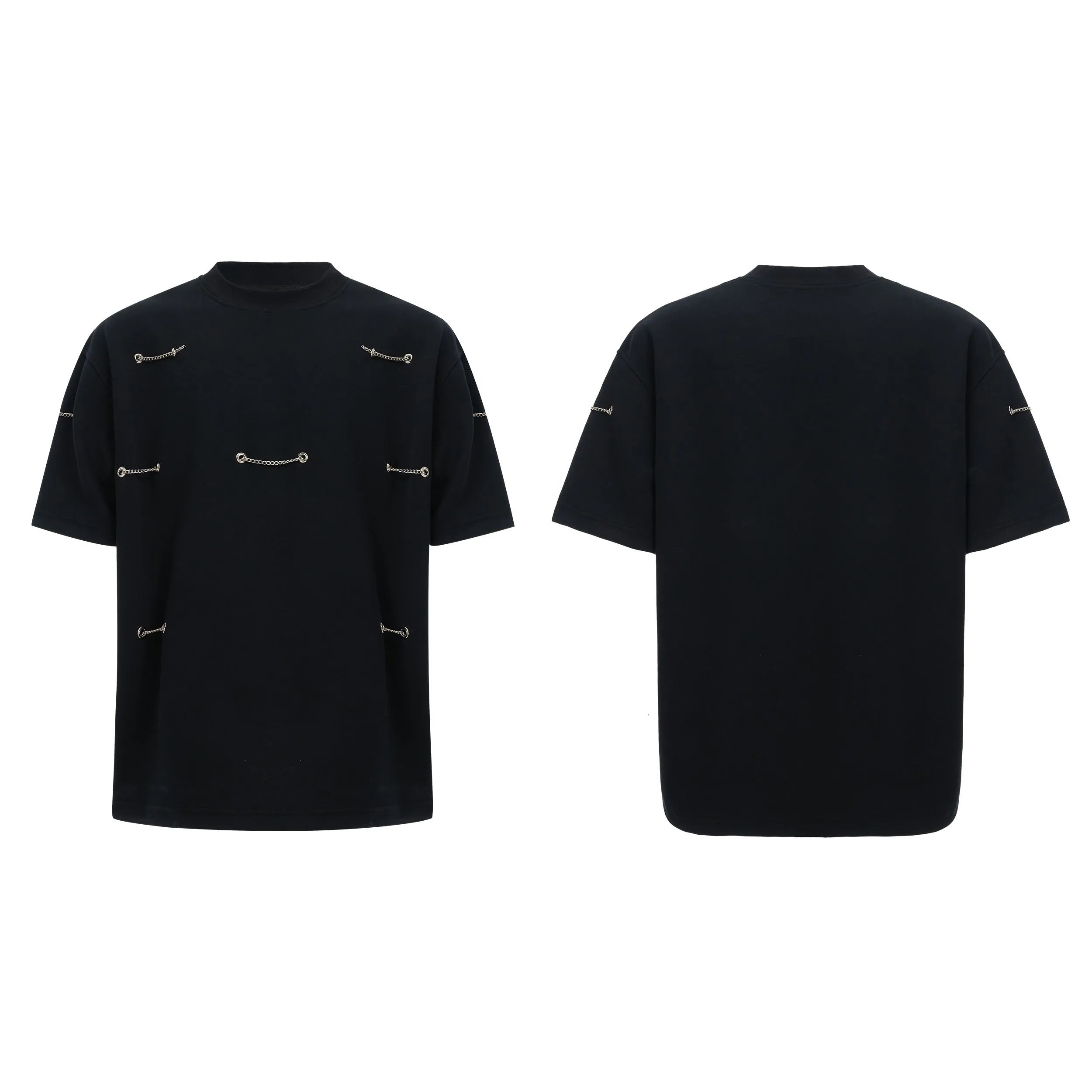 Black men's t-shirt with metal chain detail on front and padded shoulders, short sleeves, round neck, heavy cotton blend fabric