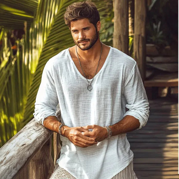 Beige long-sleeved slim-fit V-neck t-shirt made from a hemp blend fabric on a hanger.