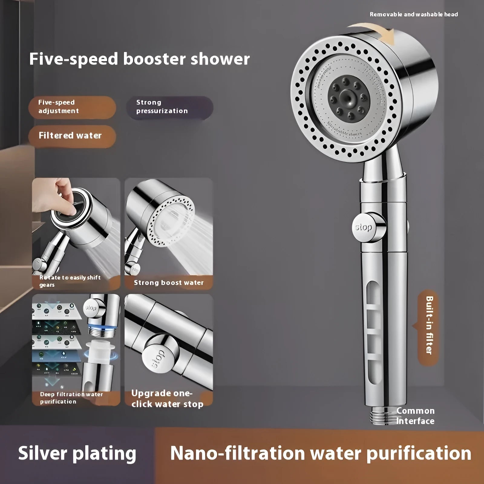 Silver chrome-plated portable shower head with multiple spray functions on a white background.