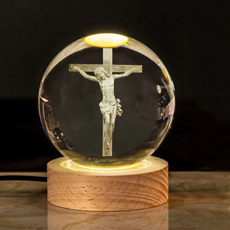 White crystal lamp with 6cm diameter ball on solid wood warm light base for church office decoration