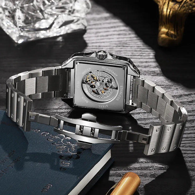 Men's automatic watch with square diamond-studded case and stainless steel bracelet