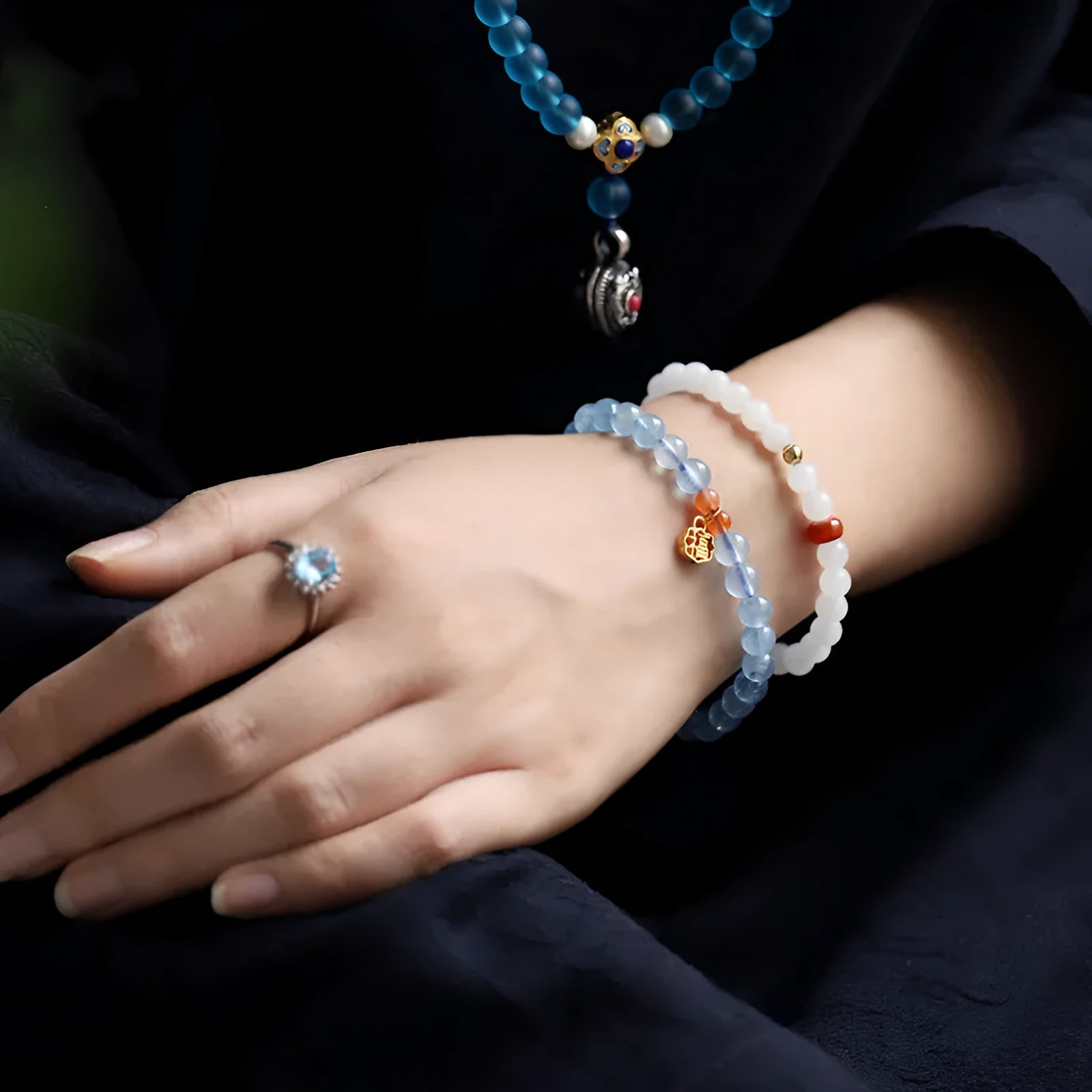 Icy translucent natural aquamarine crystal bracelet with 8mm round beads and a blessing card.