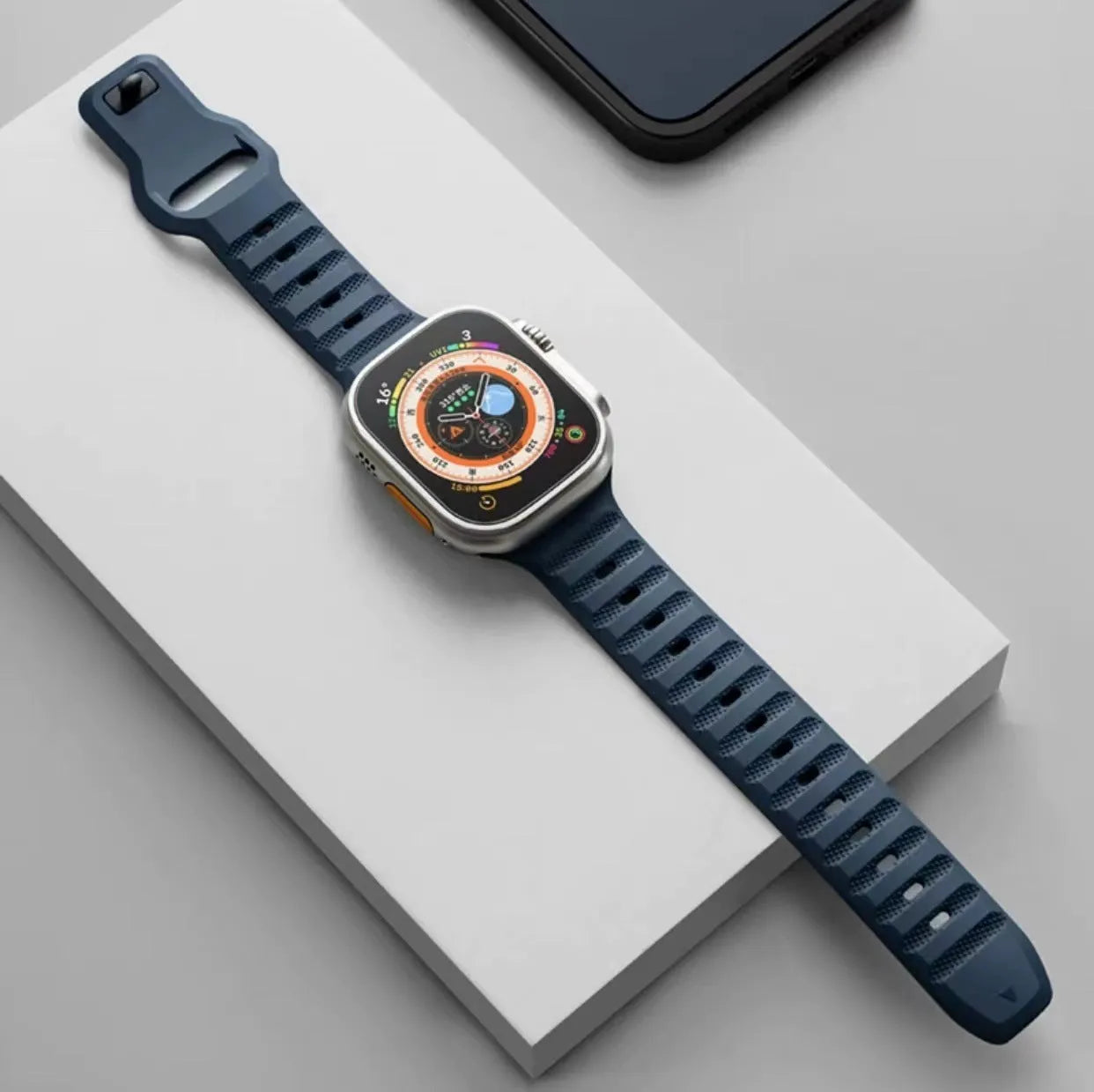 Fluoro rubber watch strap for Apple Watch Ultra and Series 8 to 1 in various colours with T-buckle.