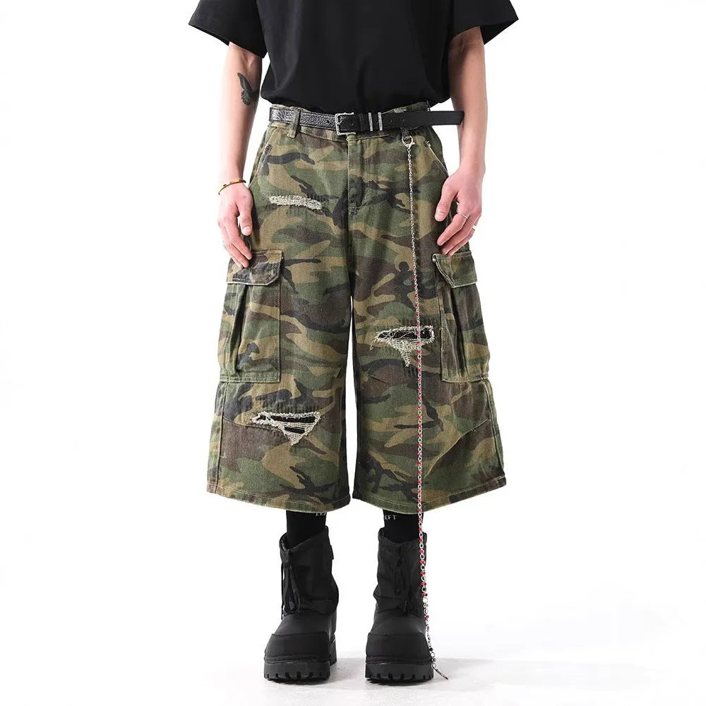 Men's retro camouflage denim cropped trousers with straight leg and mid waist, cotton fabric, multiple sizes