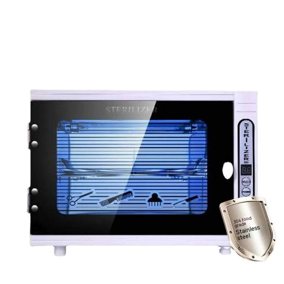 Small silver UV steriliser cabinet for nail salon and barber shop tools.