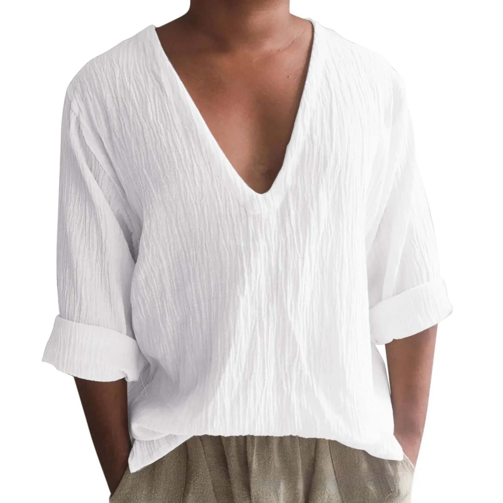 Men's solid colour long sleeve V-neck T-shirt in washed cotton fabric.