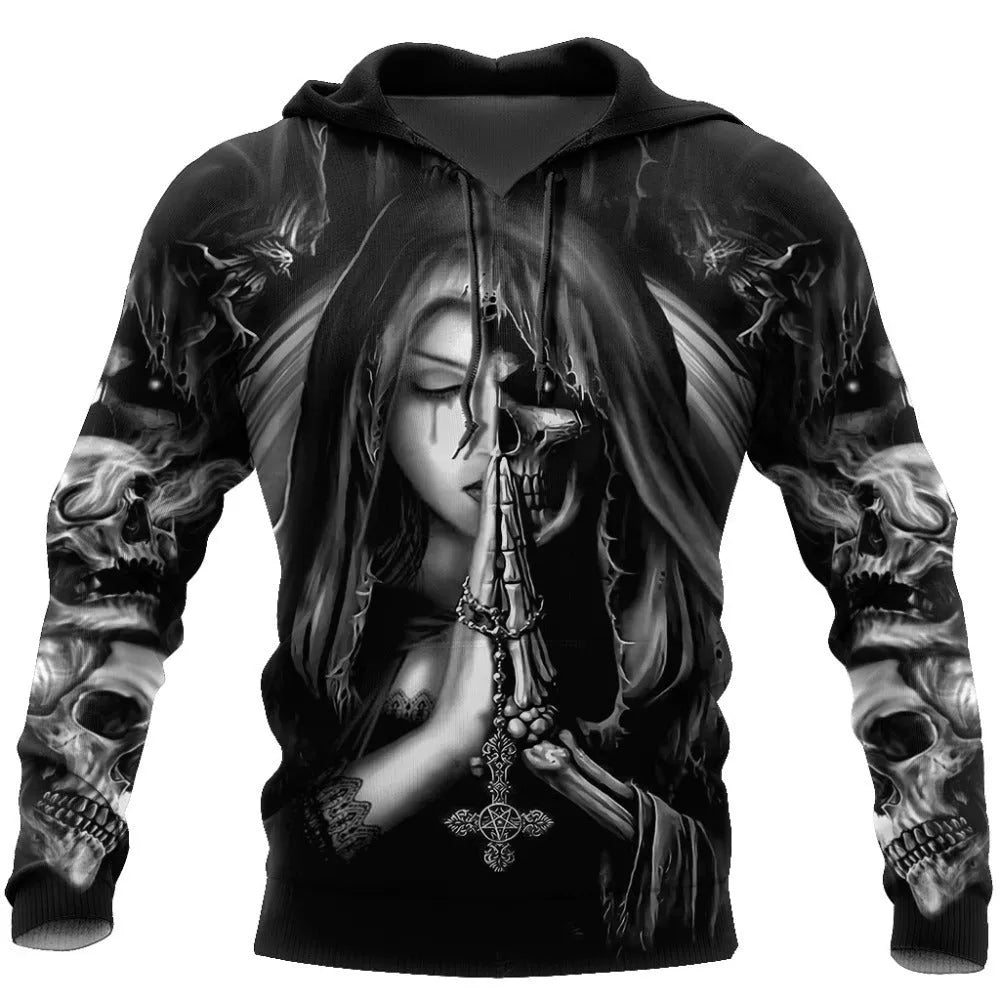 Halloween-themed casual hooded sweatshirt with a 3D anime skull design on the front.