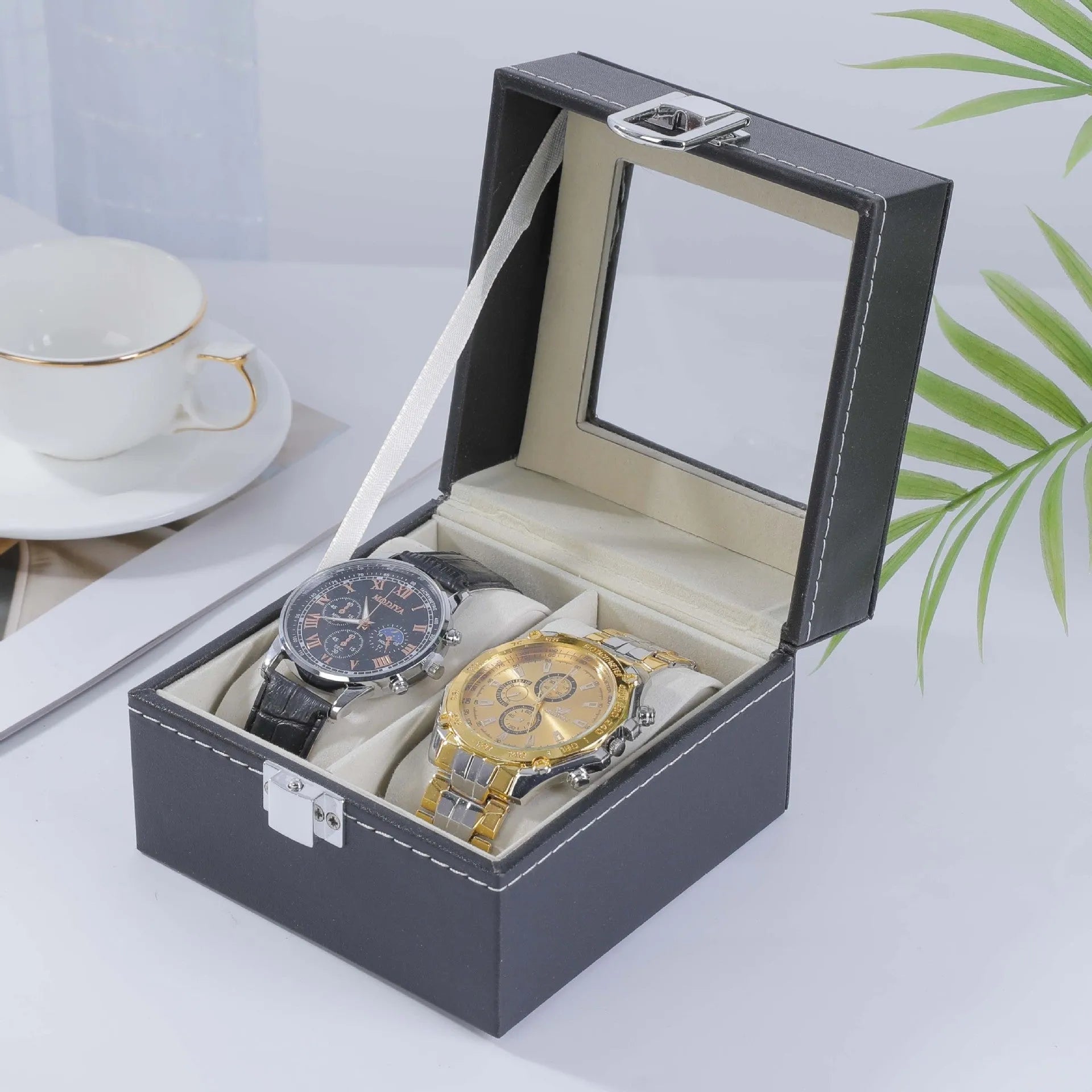 Grey high-grade leather watch storage box with dustproof see-through lid showing multiple watch compartments