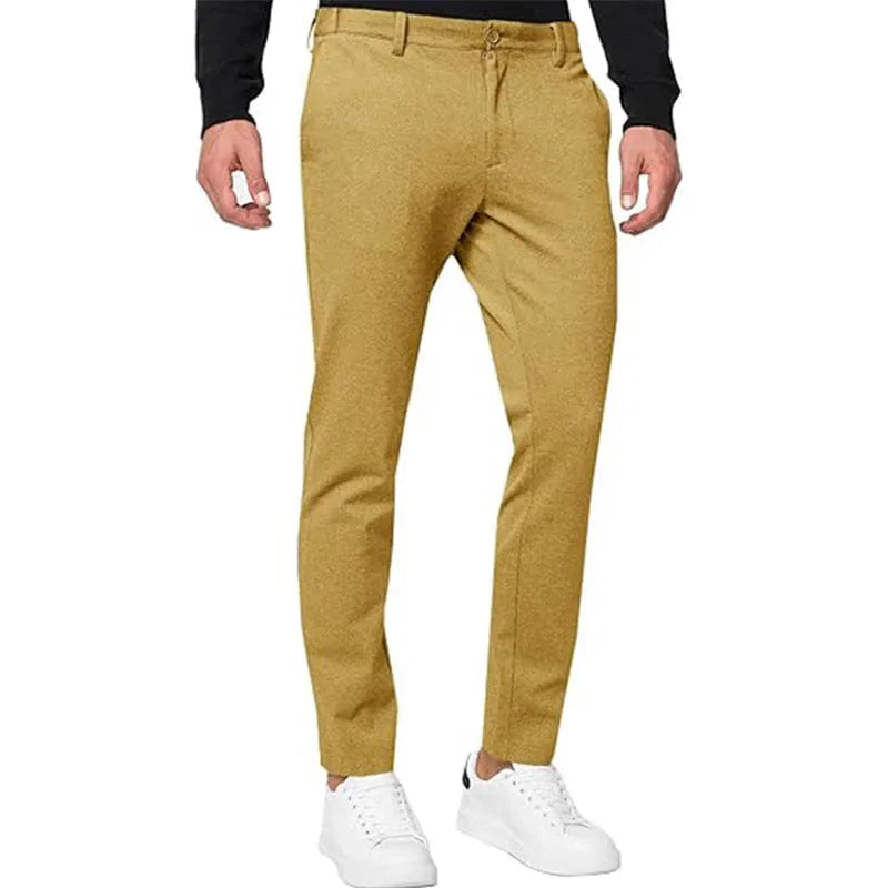 Men's slim-fit tapered chino trousers in a stretch cotton blend fabric, shown in army green colour.