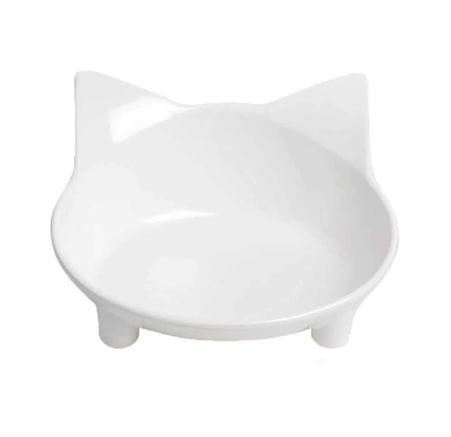 White shallow melamine pet bowl with non-slip black rubber base on a wooden floor.