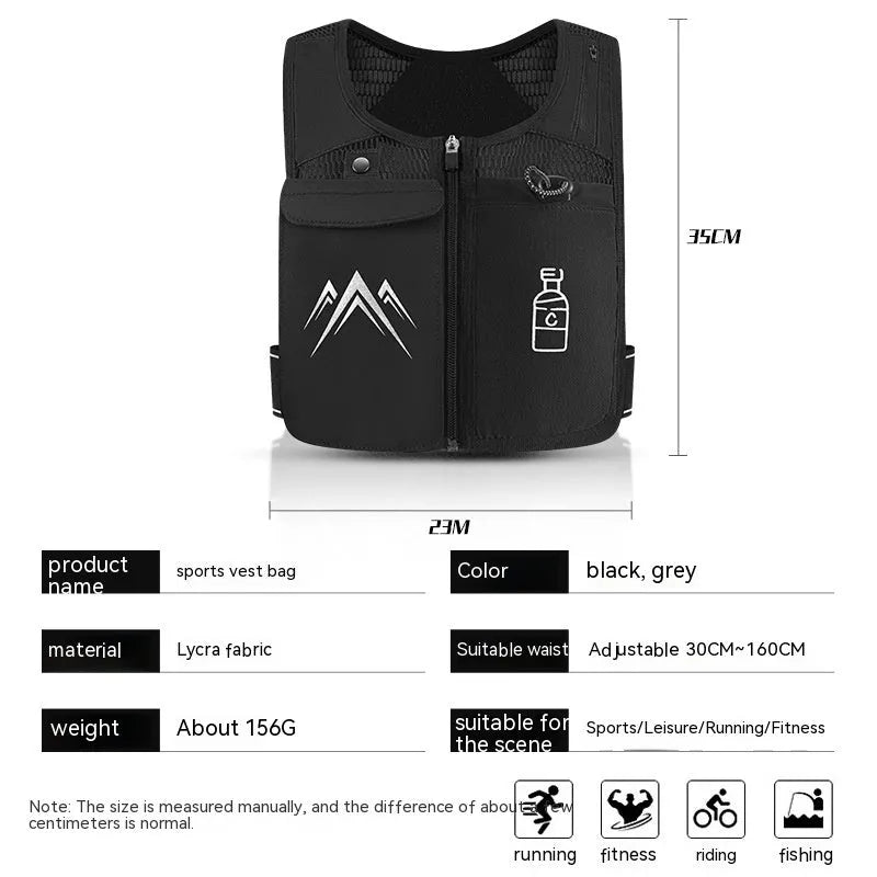 Black breathable mesh running vest with front phone pocket and optional shoulder hydration flask.