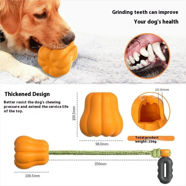 Orange plastic bite molar dog ball with rope attachment for outdoor fetch and chewing