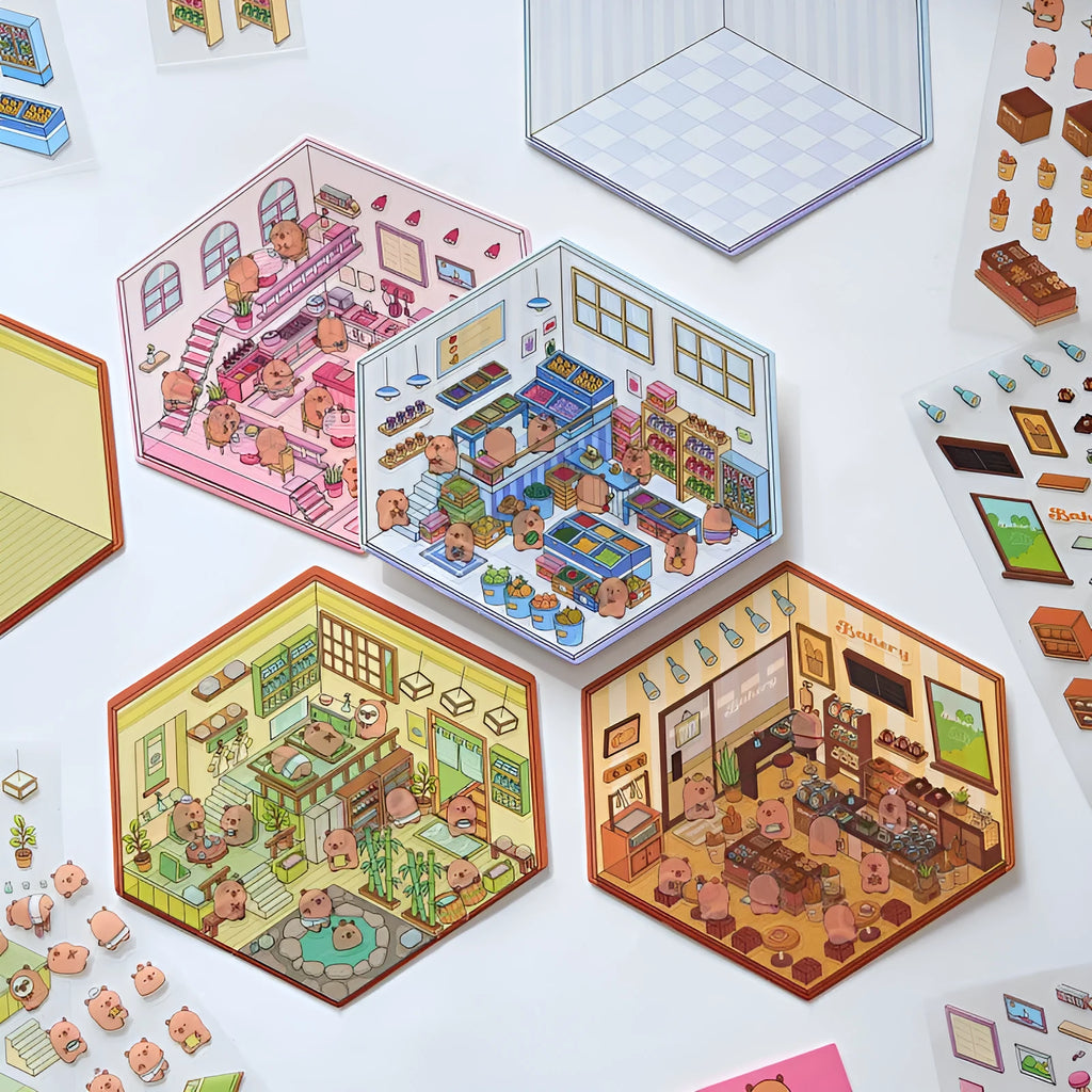 Capabala pre-cut PET cartoon sticker sheet in themes like pink restaurant and green bookstore.
