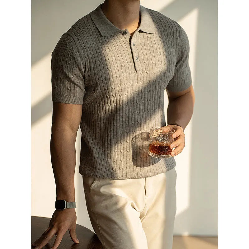 Men's short-sleeve business casual top in khaki colour, showing front design and fabric texture.