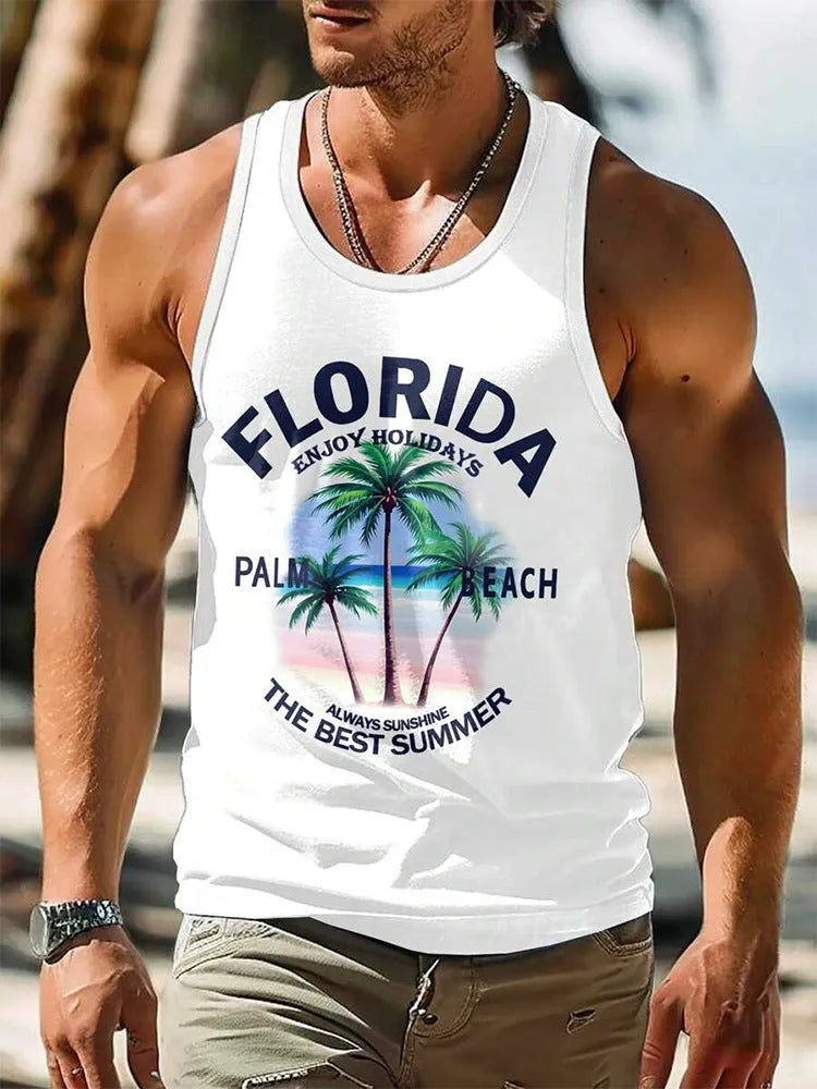 Men's solid colour Hawaiian style 3D printed sleeveless vest t-shirt in polyester fabric
