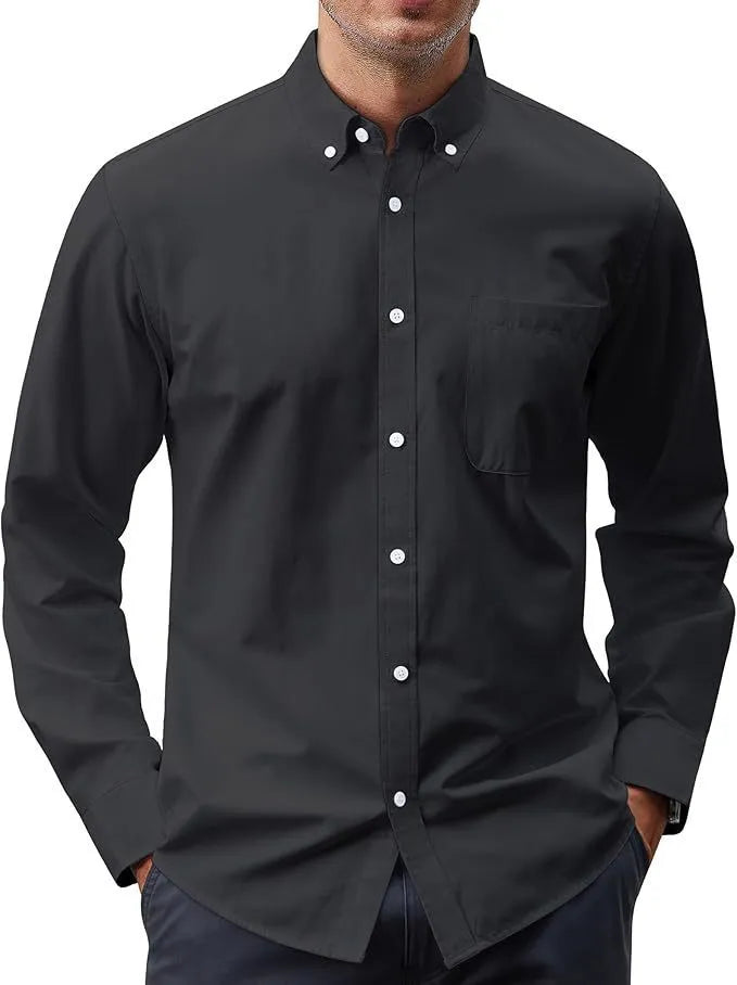 Solid colour Oxford long sleeve button shirt in cotton blend, available in multiple colours and sizes