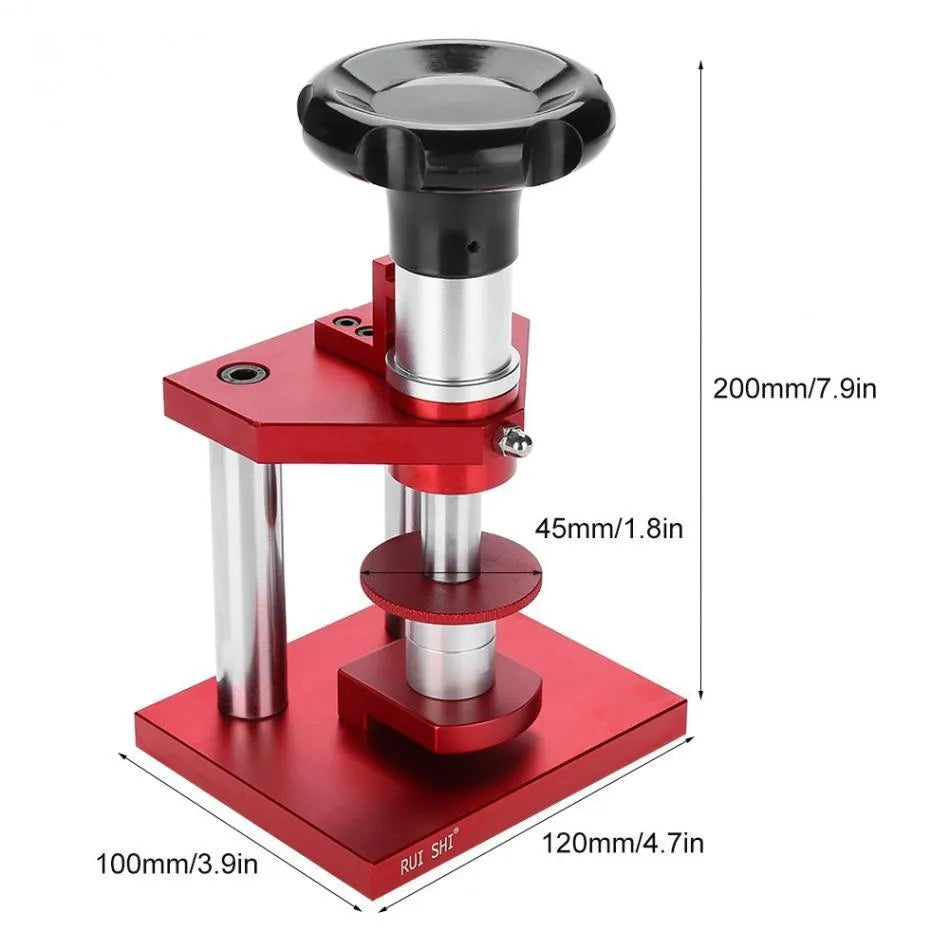 Watch repair tool with spiral cap presser device and 20 plastic moulds for bottle caps and watch backs