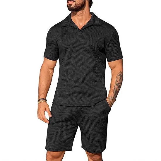 Men's casual solid colour polo short oversleeves set with matching shorts in black, blue, and light grey