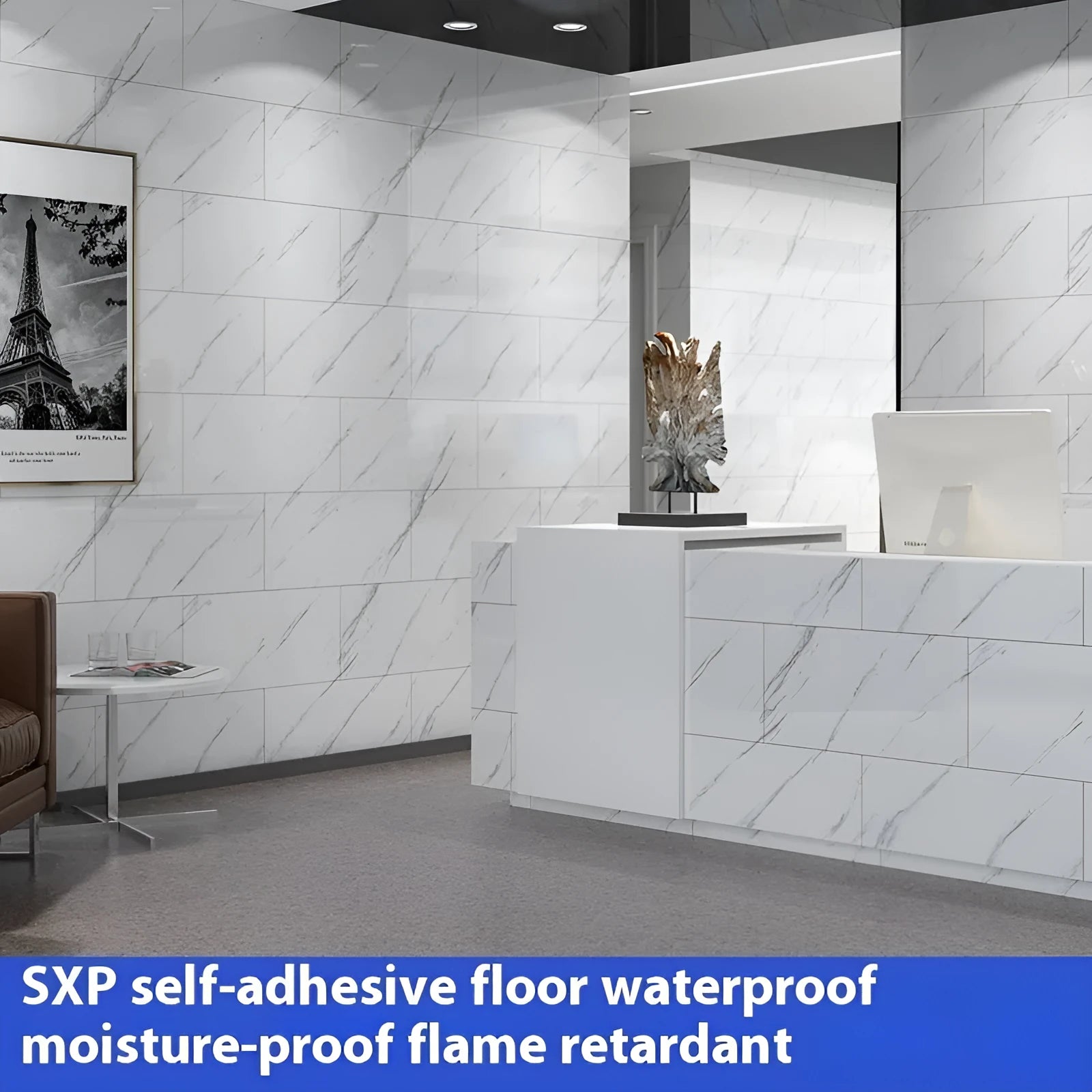 Self-adhesive PVC floor sticker 30cm x 30cm marble pattern in grey on a kitchen floor