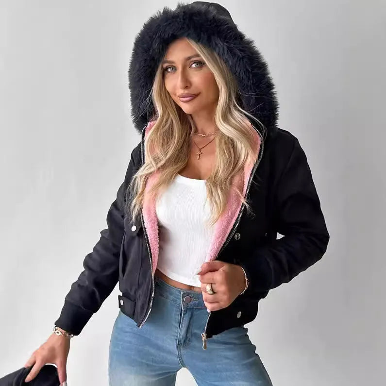 Women's casual hooded jacket with furry lining in Black, long sleeves, polyester fabric