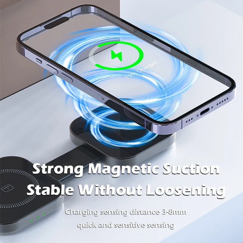 Three-in-one magnetic wireless charger stand in dark grey with a smartphone, watch, and earphones placed on it