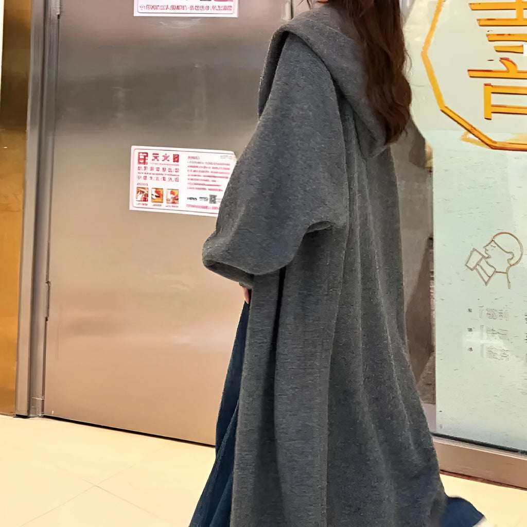 Korean style hooded long knitted cardigan for women in brown colour, below knee length