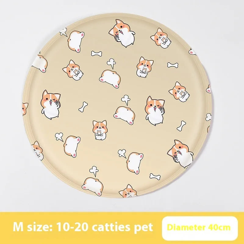 Round pet cooling mat with blue polar bear cartoon design on soft cloth fabric for dogs.