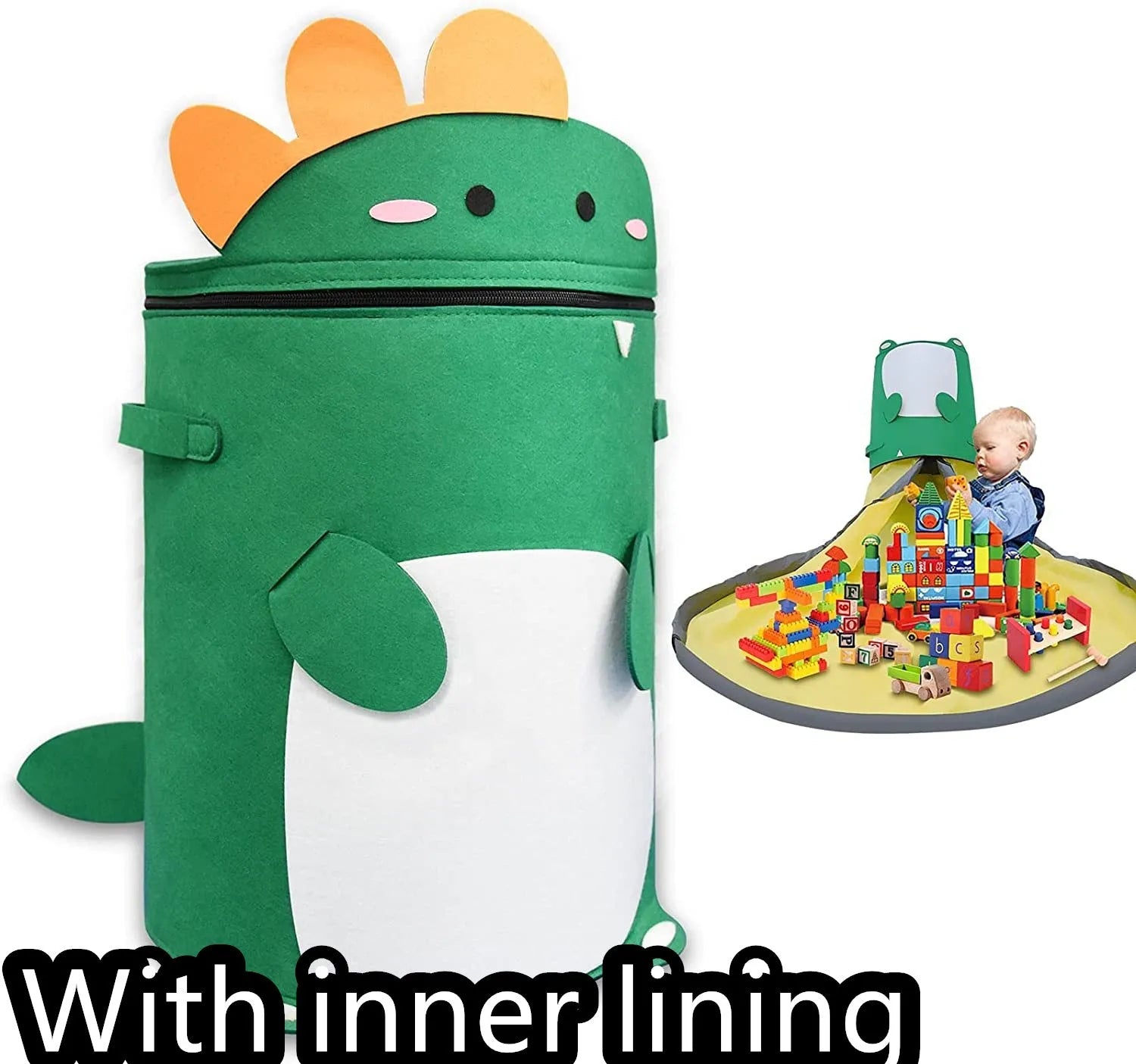 Green felt cube storage bag with pull rope, laid flat as a play mat for toys.