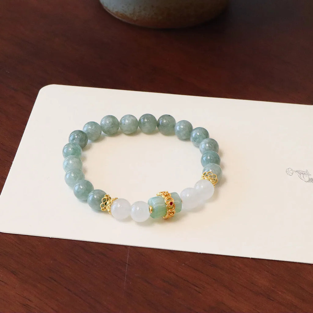 Women's Myanmar jade safety buckle bracelet with geometric beads and peace buckle pendant