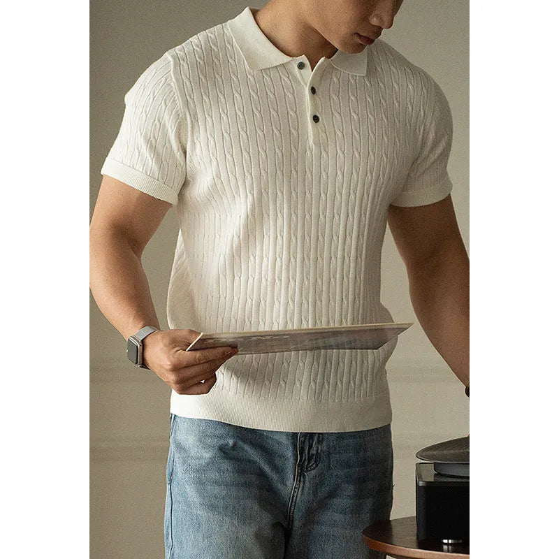 Men's short-sleeve business casual top in khaki colour, showing front design and fabric texture.
