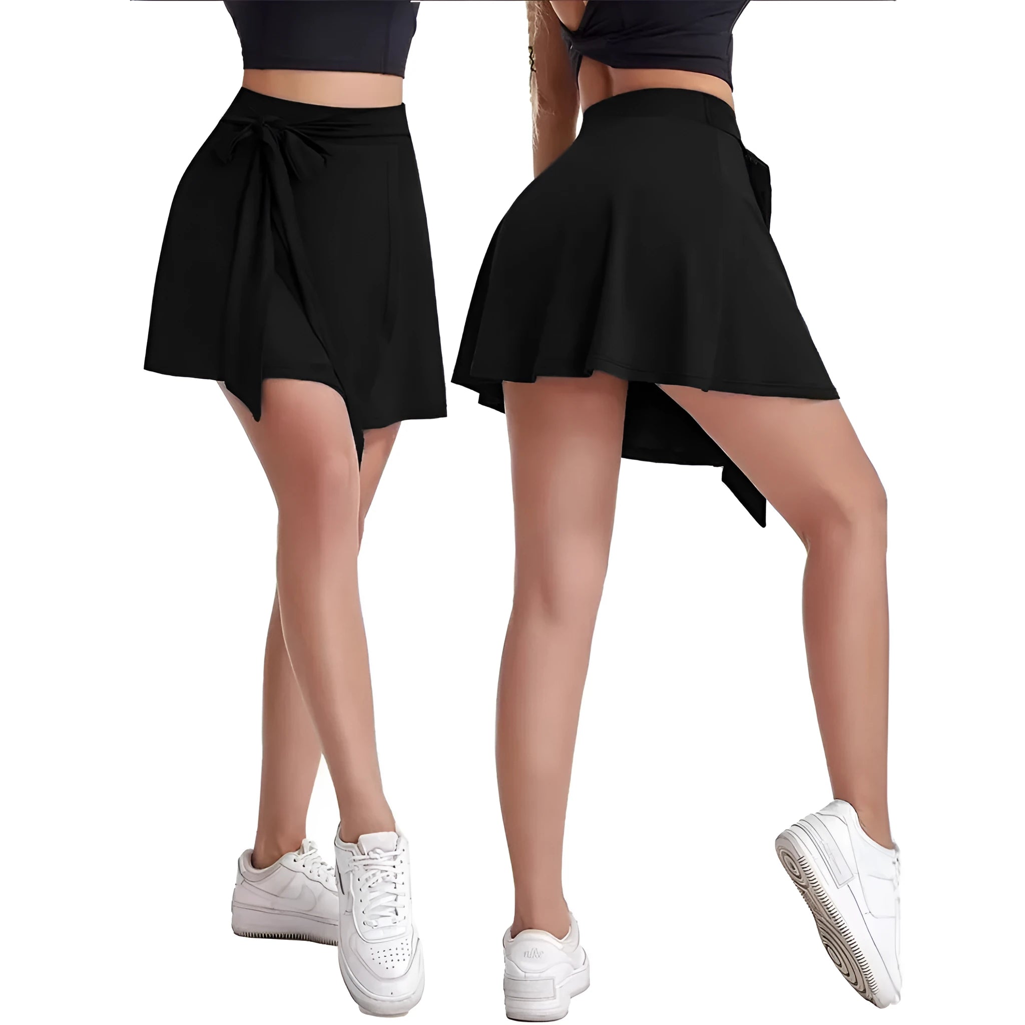 Black thigh-length sports skirt with high waist and built-in shorts, featuring shoulder strap detail and culotte silhouette