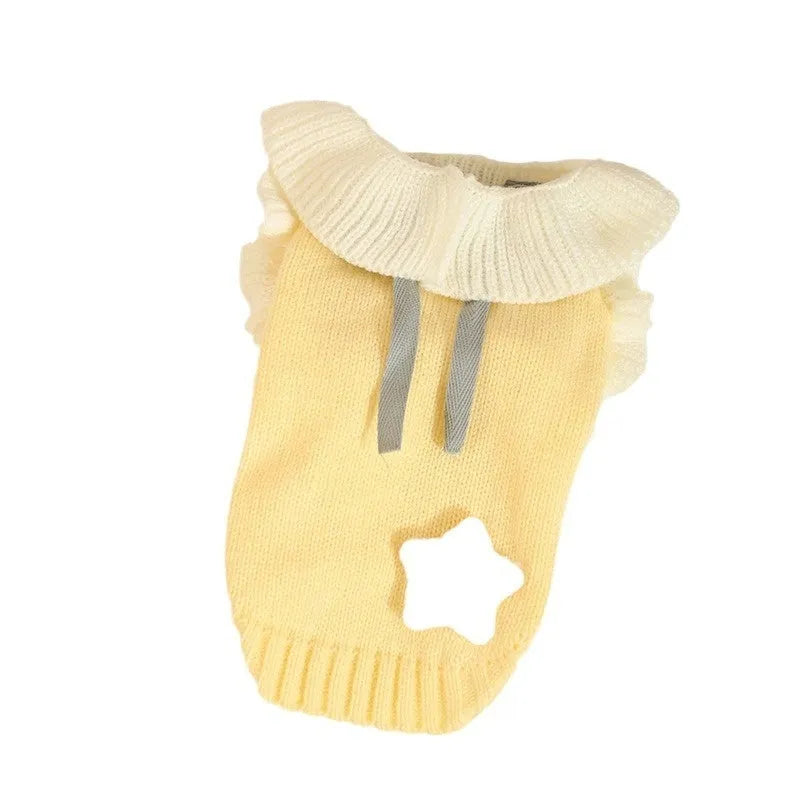 Small dog wearing autumn sweater in yellow XINGX design with size options from XS to XL