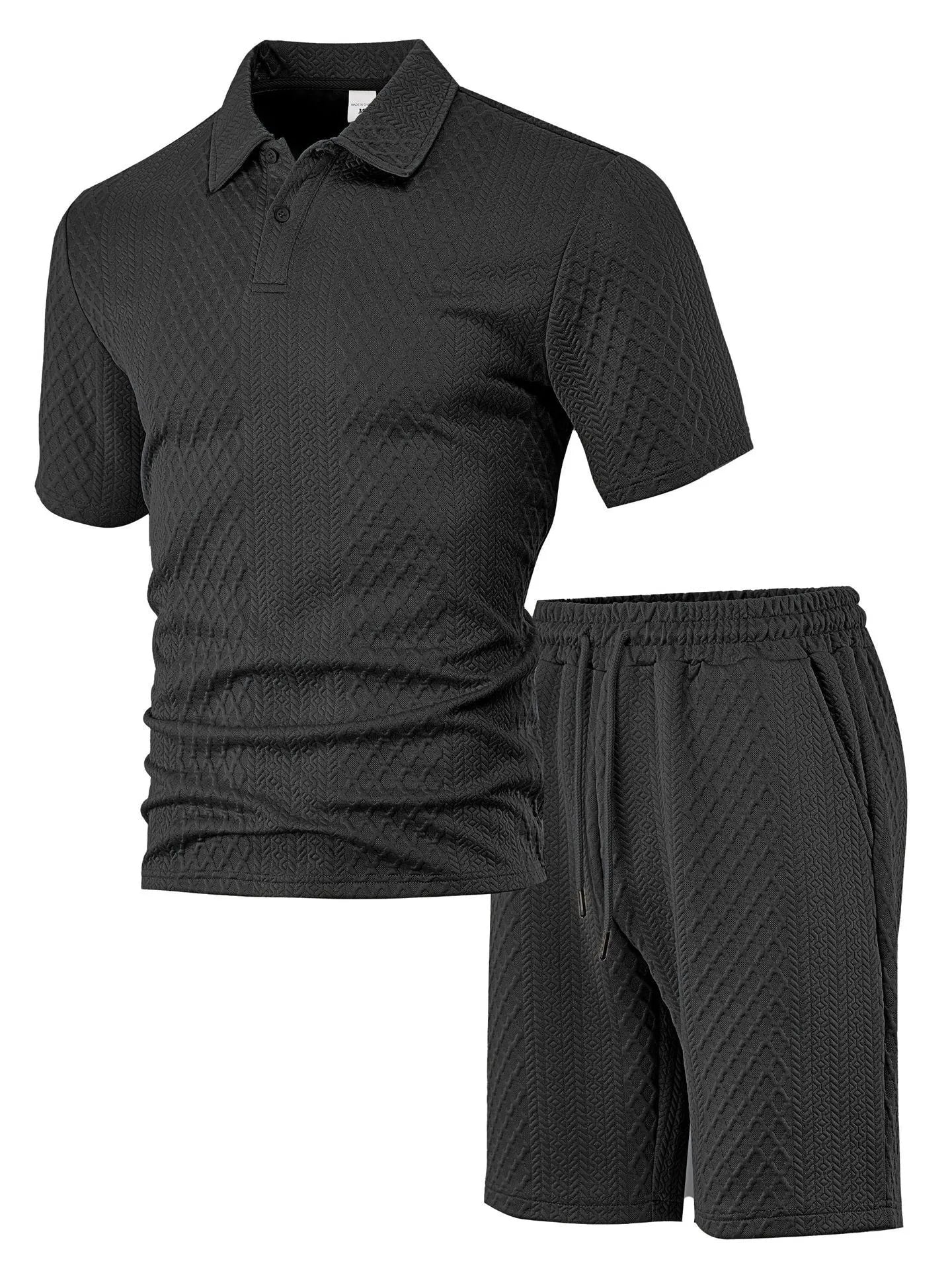 Men's light grey casual short sleeve suit with polo shirt and trousers on a hanger