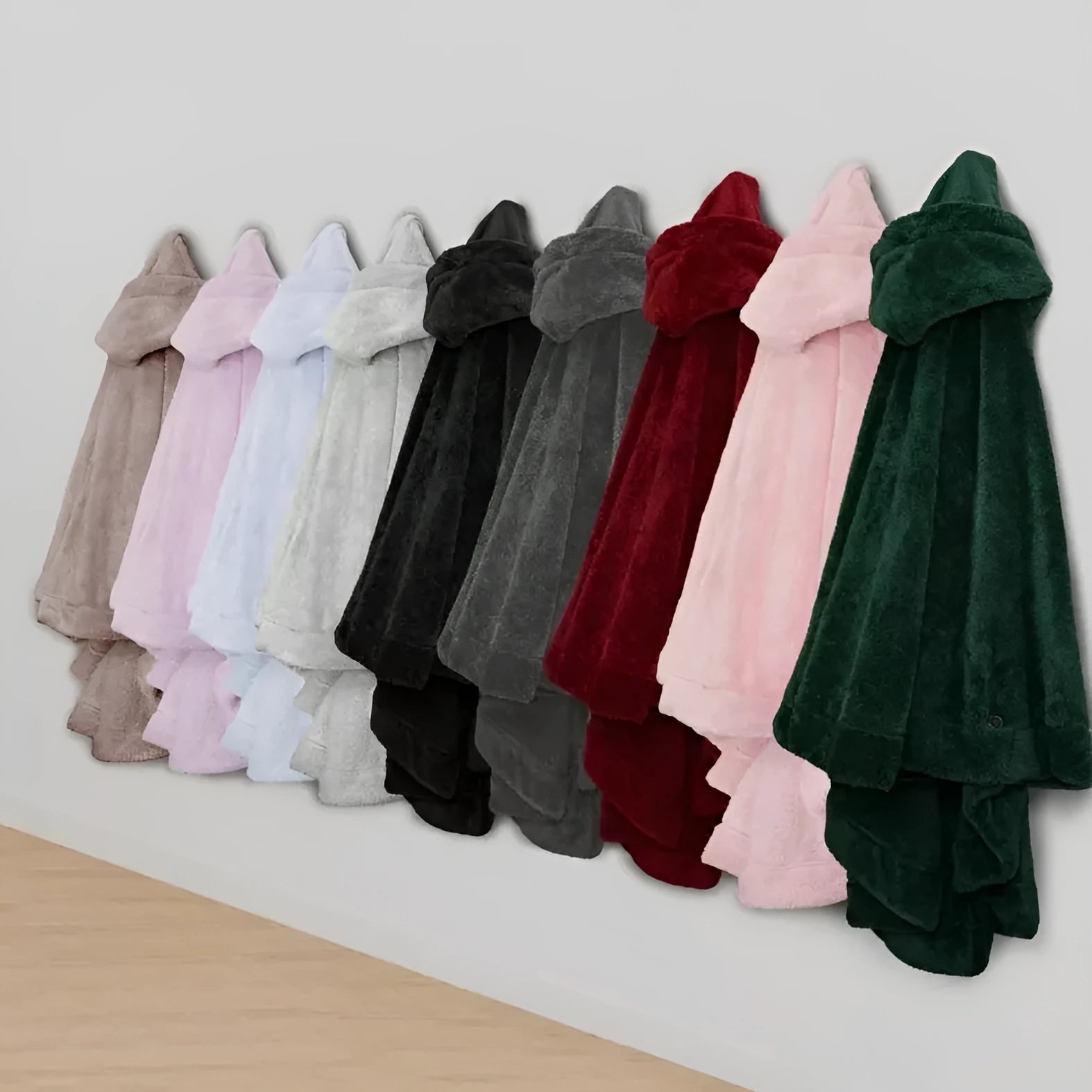 Super thick hooded bathrobe cloak in black, dark grey, or pink, showing cardigan style and long sleeves.