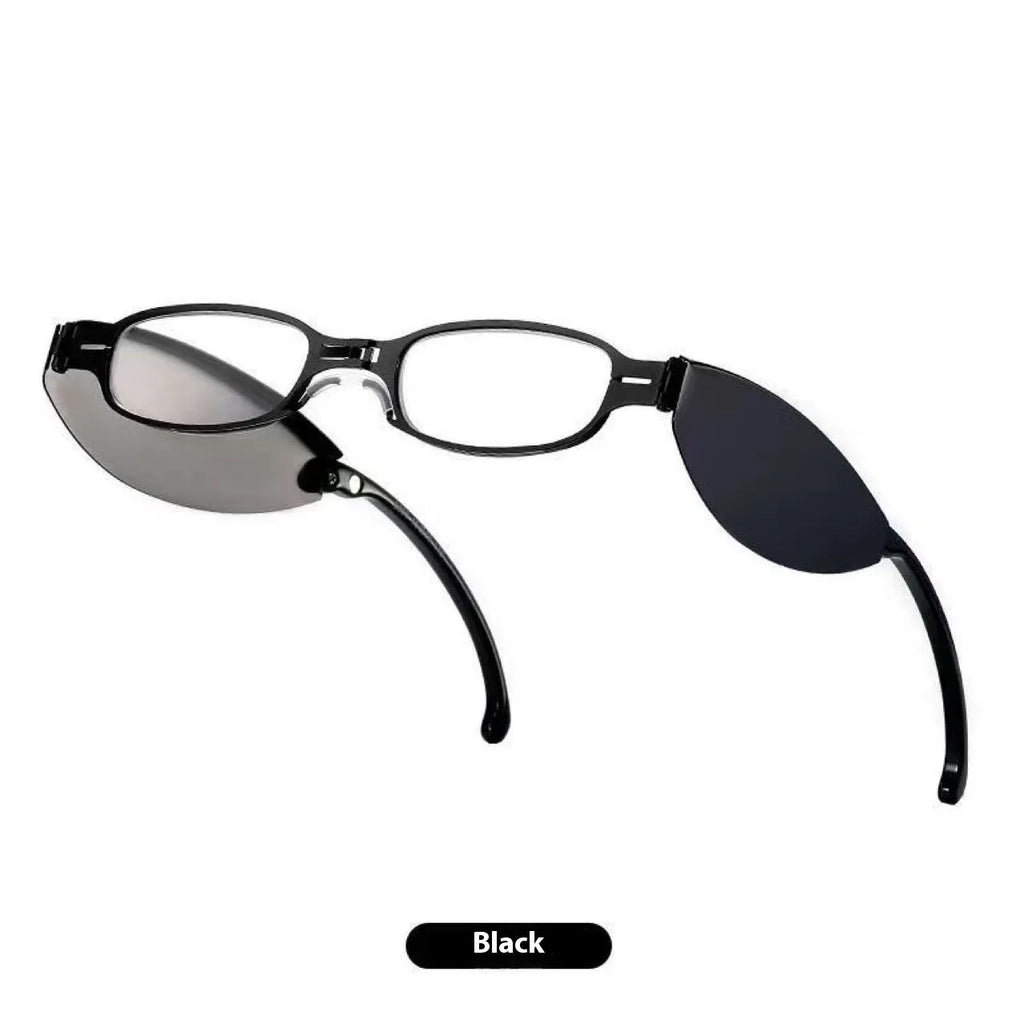 Folding presbyopic glasses with retro ring detailing on black or silver anti-fall frames