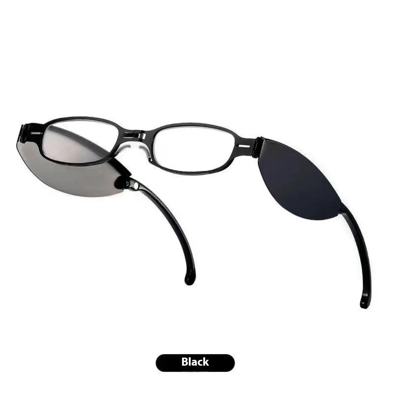 Folding presbyopic glasses with retro ring detailing on black or silver anti-fall frames