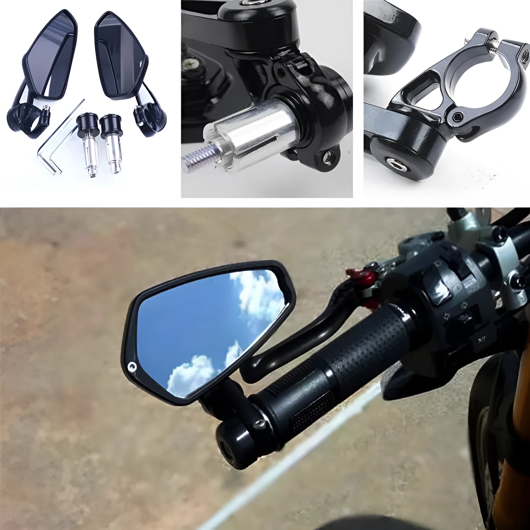 Aluminium alloy CNC motorcycle rearview mirror for 22mm handlebars in black with blue glass