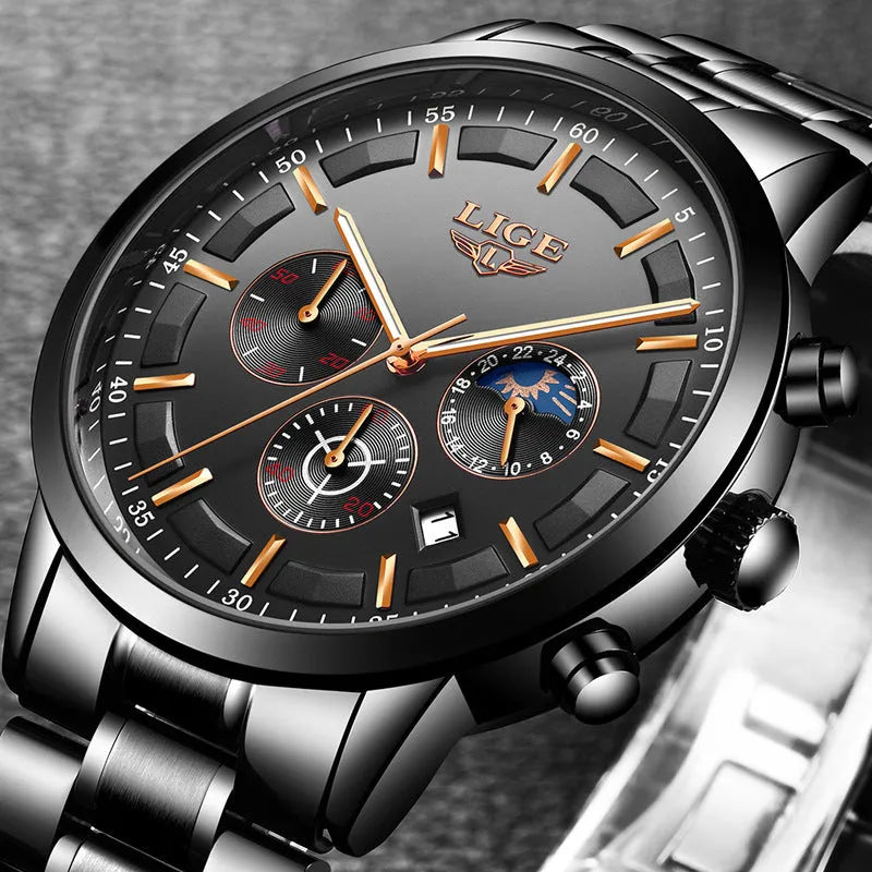 Men's waterproof quartz sports watch with 12mm case in black and rose red gold colour
