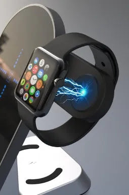 Black six-in-one wireless charging alarm clock station with digital display charging smartphone and Apple Watch