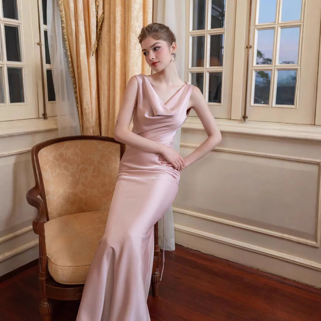 European American new high-end satin long dress solid colour sleeveless mid-rise polyester socialite