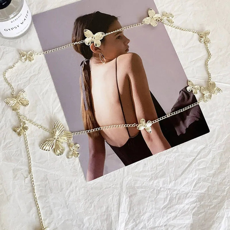 Golden butterfly waist chain accessory with 104cm length and 40mm width on alloy chain