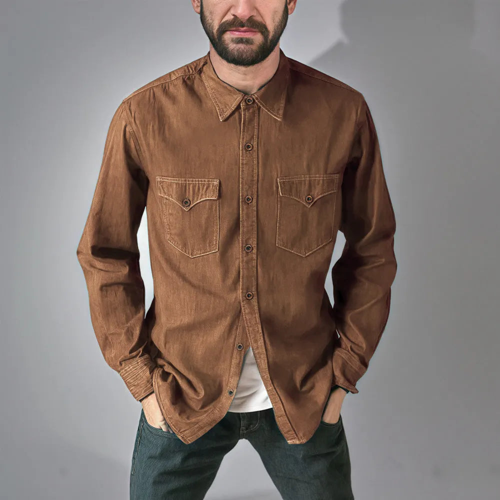 Men's regular fit denim cardigan coat in khaki, available in sizes S to 3XL