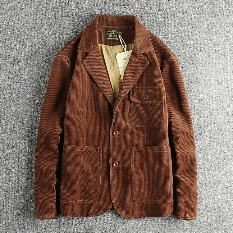 Heavy amekaji retro washed pure cotton corduroy casual jacket in brown, long sleeve, no hood