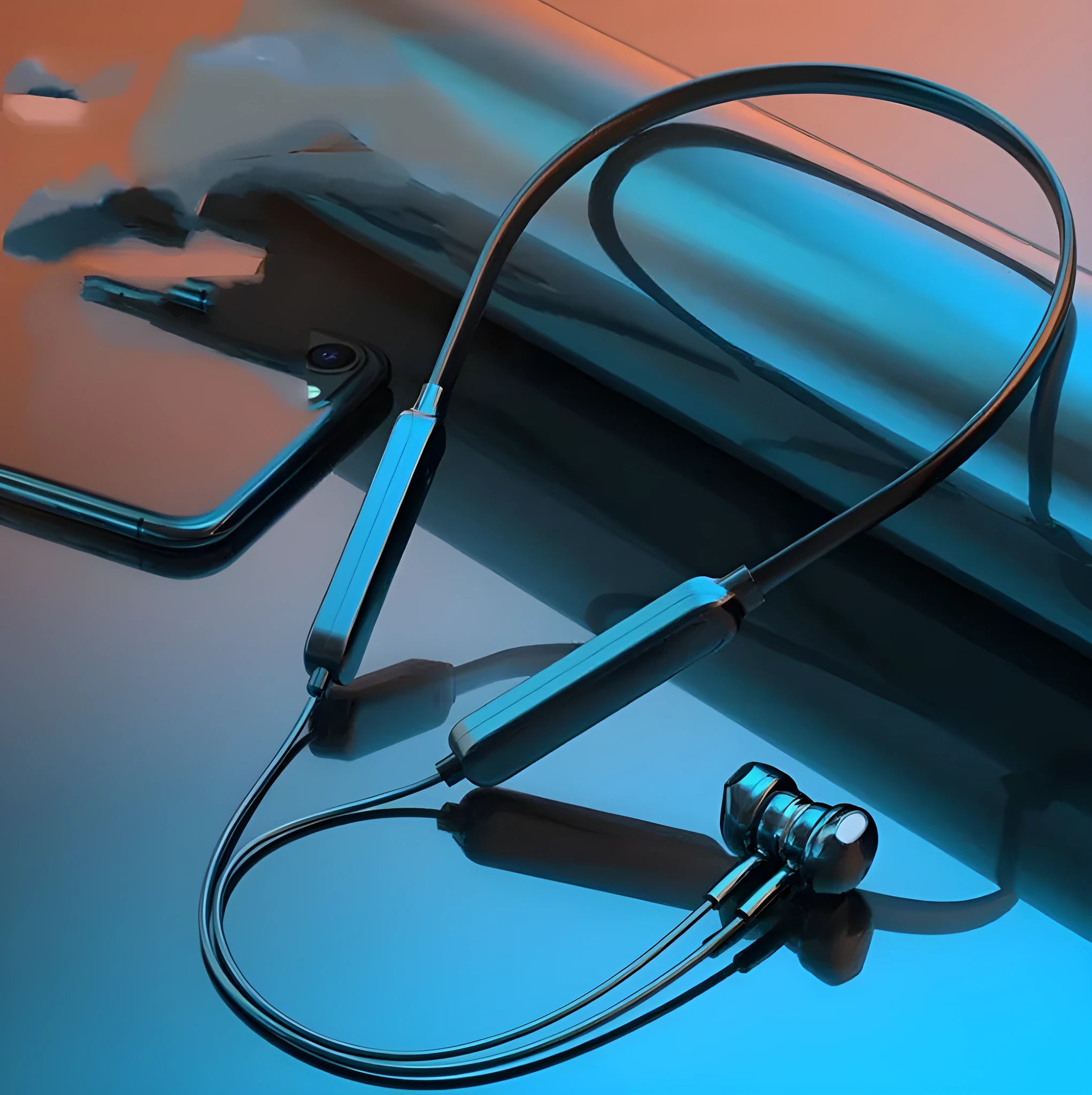 Halter wireless Bluetooth headset neckband in black, plastic construction, digital display, and breathing light
